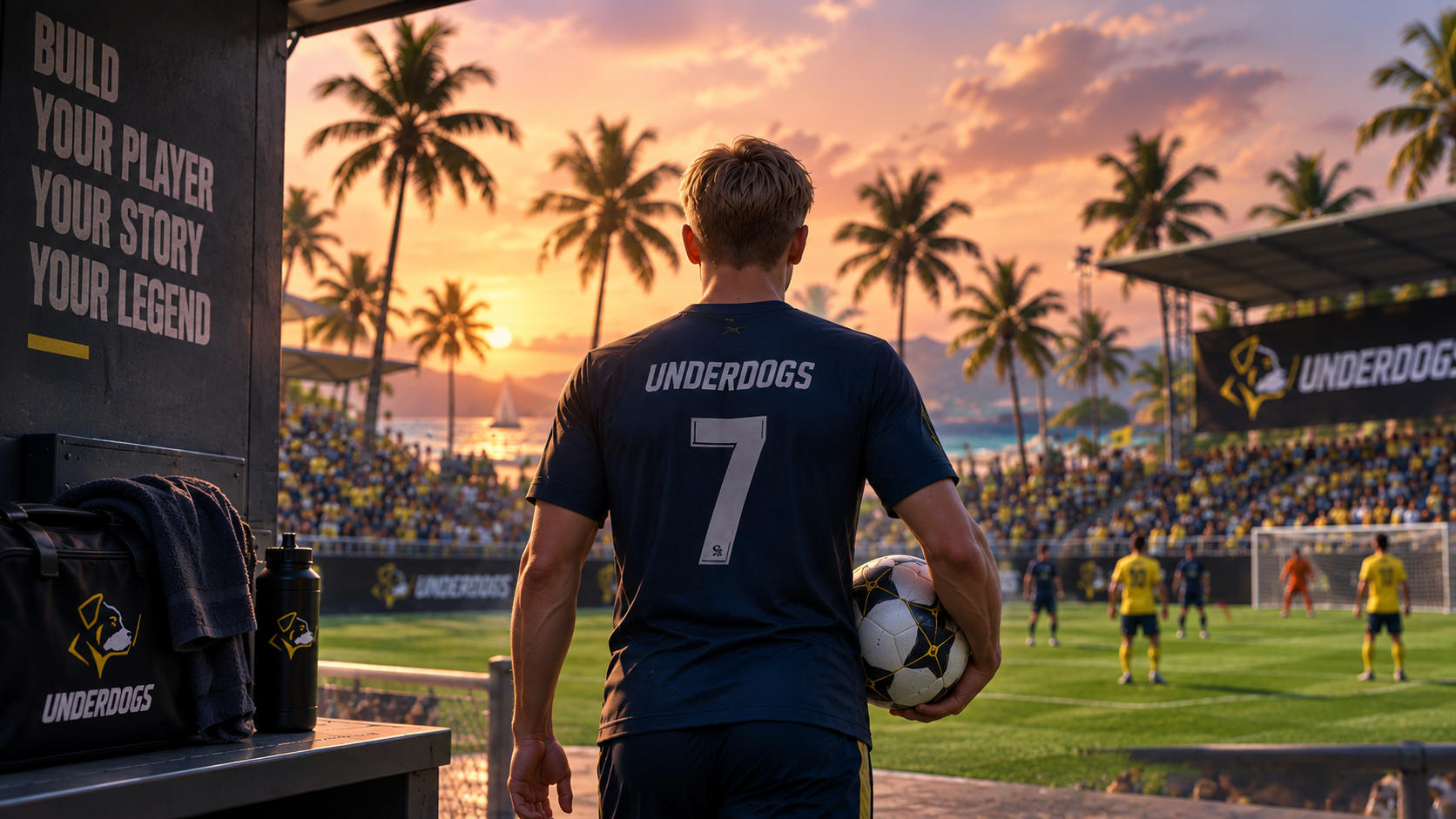 An Underdogs player walks toward the pitch at sunset.