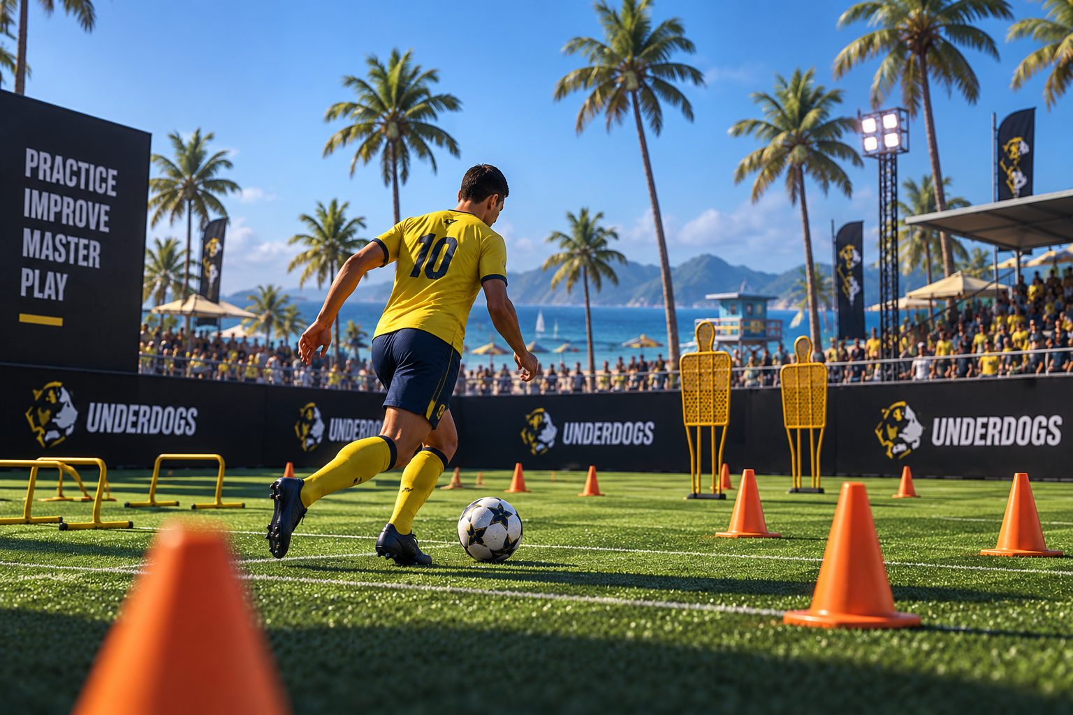 A player trains with a football among practice cones.