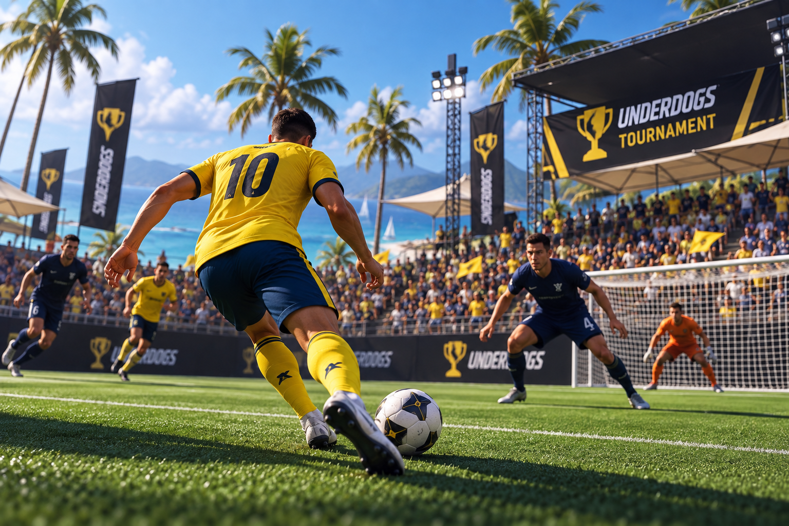 A player in yellow shoots in an Underdogs beach tournament.